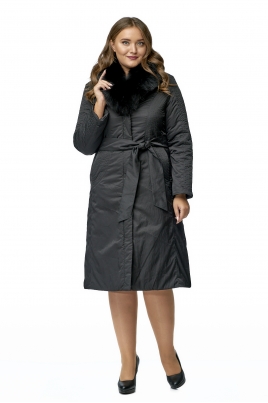 Черное женское пальто из текстиля с воротником, отделка песец