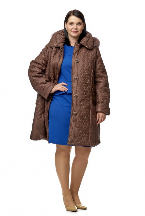 Женское пальто из текстиля с капюшоном, отделка песец 8010234