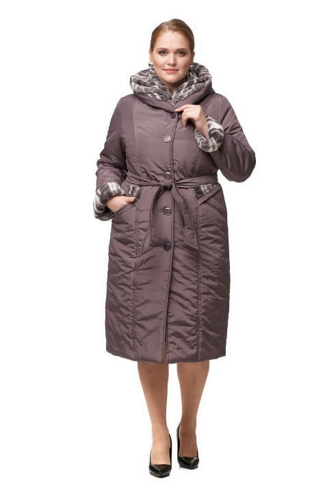 Женское пальто из текстиля с капюшоном, отделка искусственный мех 8012382