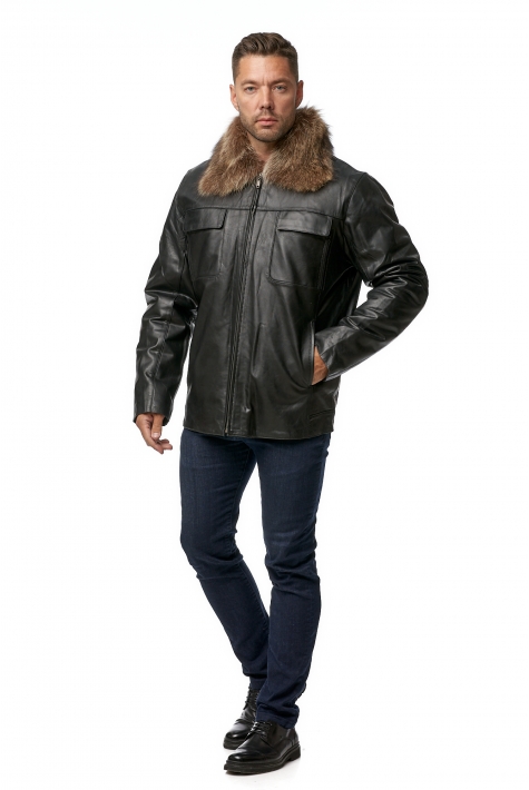 Мужская кожаная куртка из натуральной кожи на меху с воротником, отделка енот 8013273