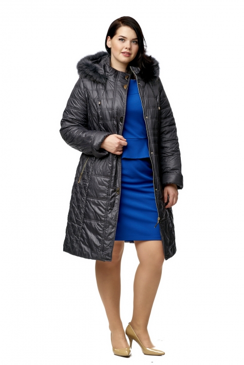 Женское пальто из текстиля с капюшоном, отделка песец 8016434